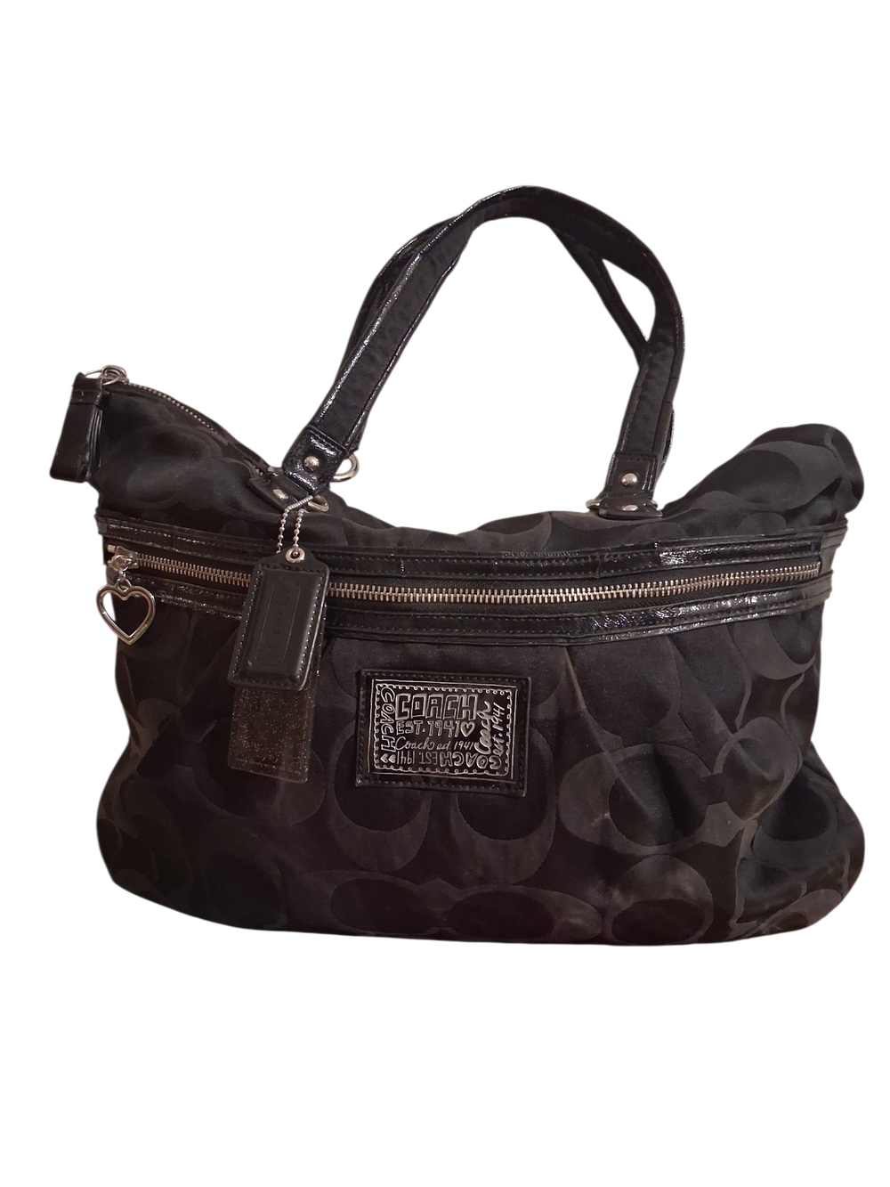 Coach Black Signature Tote with Heart Charm